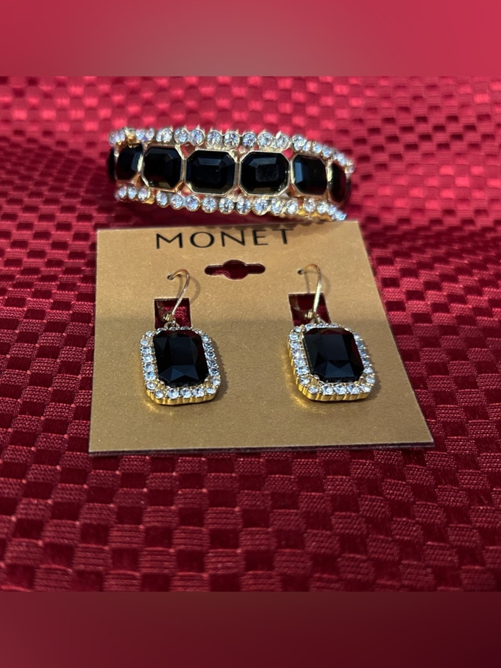 Monet Black and Gold Crystal Bracelet & Earrings Set